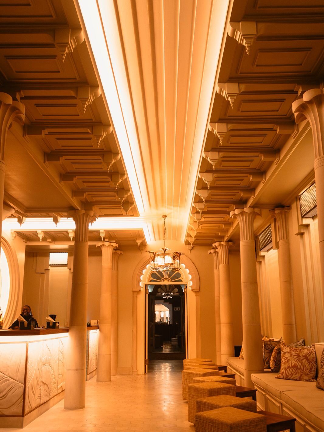 Biblio nightclub with domed coffered plaster ceiling detailing and fluted column capitals by Plaster Art SA, throughout its games room, corridors and lounge areas