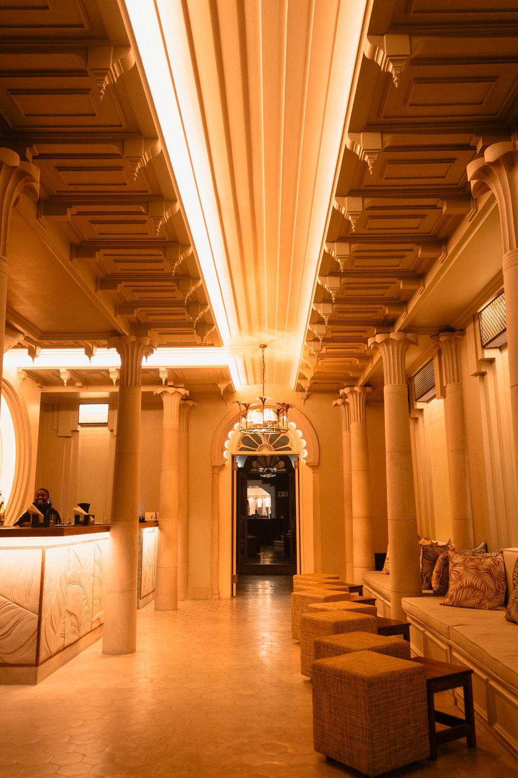 Biblio nightclub with domed coffered plaster ceiling detailing and fluted column capitals by Plaster Art SA, throughout its games room, corridors and lounge areas