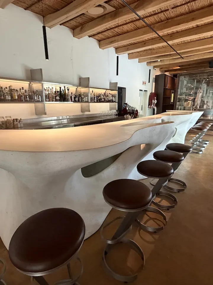 Arum restaurant bar with hand-sculpted bone-shaped plaster bar counter.